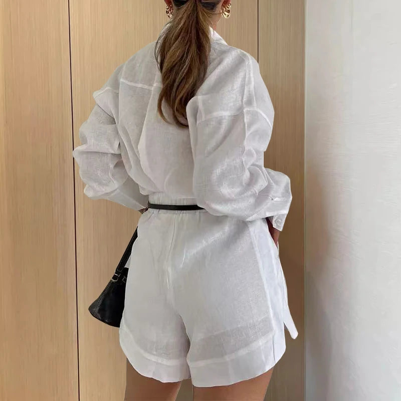 Ensemble femme 2 pièces décontracté : chemise à manches longues avec boutons et poches et short assorti