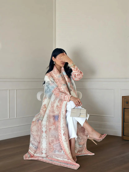 Abaya Miyake élégante à imprimé vintage, ouverte sur le devant, kimono long .