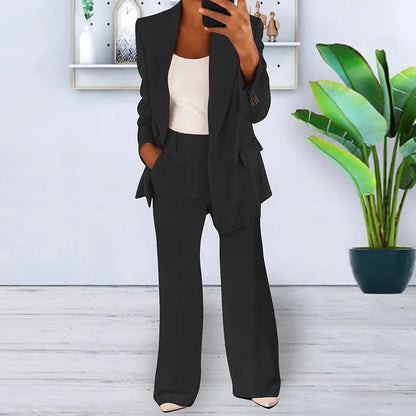 Ensemble deux pièces pour femme : veste blazer, pantalon de travail à jambes larges et taille haute élastique.
