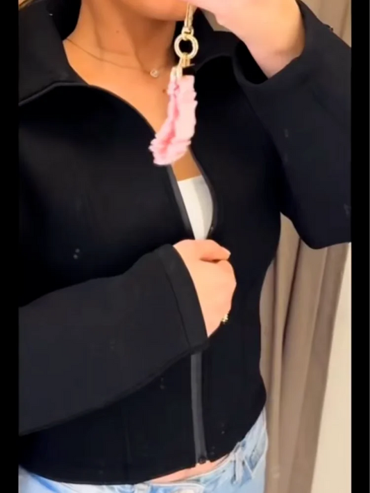 Veste courte coupe ajustée, revers large, noire, avec ceinture à la taille, style décontracté
