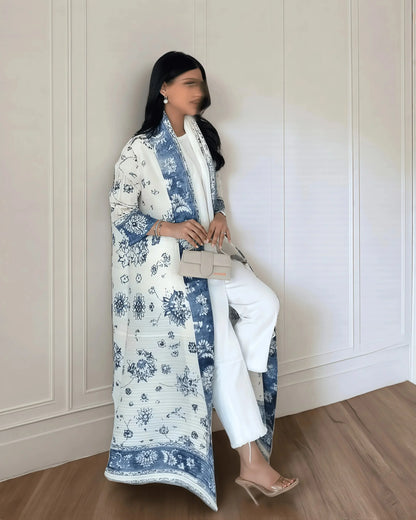 Abaya Miyake élégante à imprimé vintage, ouverte sur le devant, kimono long .