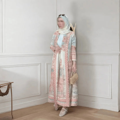 Abaya Miyake élégante à imprimé vintage, ouverte sur le devant, kimono long .