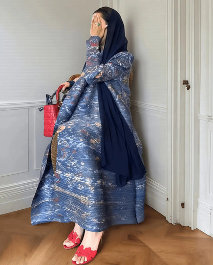 Abaya Miyake élégante à imprimé vintage, ouverte sur le devant, kimono long .