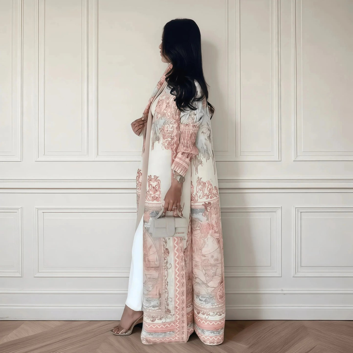 Abaya Miyake élégante à imprimé vintage, ouverte sur le devant, kimono long .