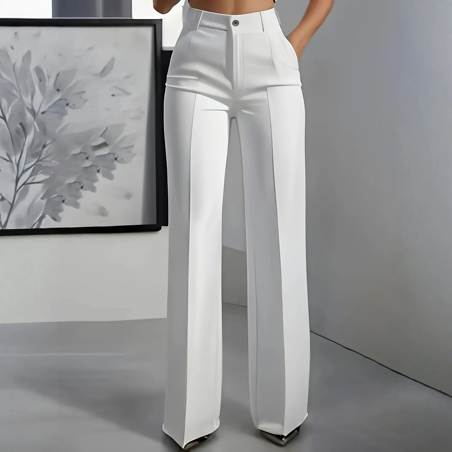 Pantalon blazer minimaliste à taille haute pour femme, coupe droite et fluide.