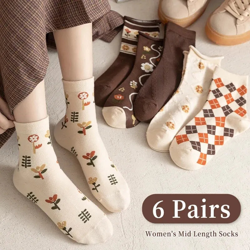 6 paires de printemps été femmes est moyen chaussettes tuyau kaki. doux et confortable