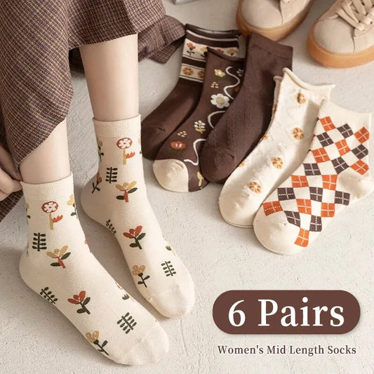 6 paires de printemps été femmes est moyen chaussettes tuyau kaki. doux et confortable