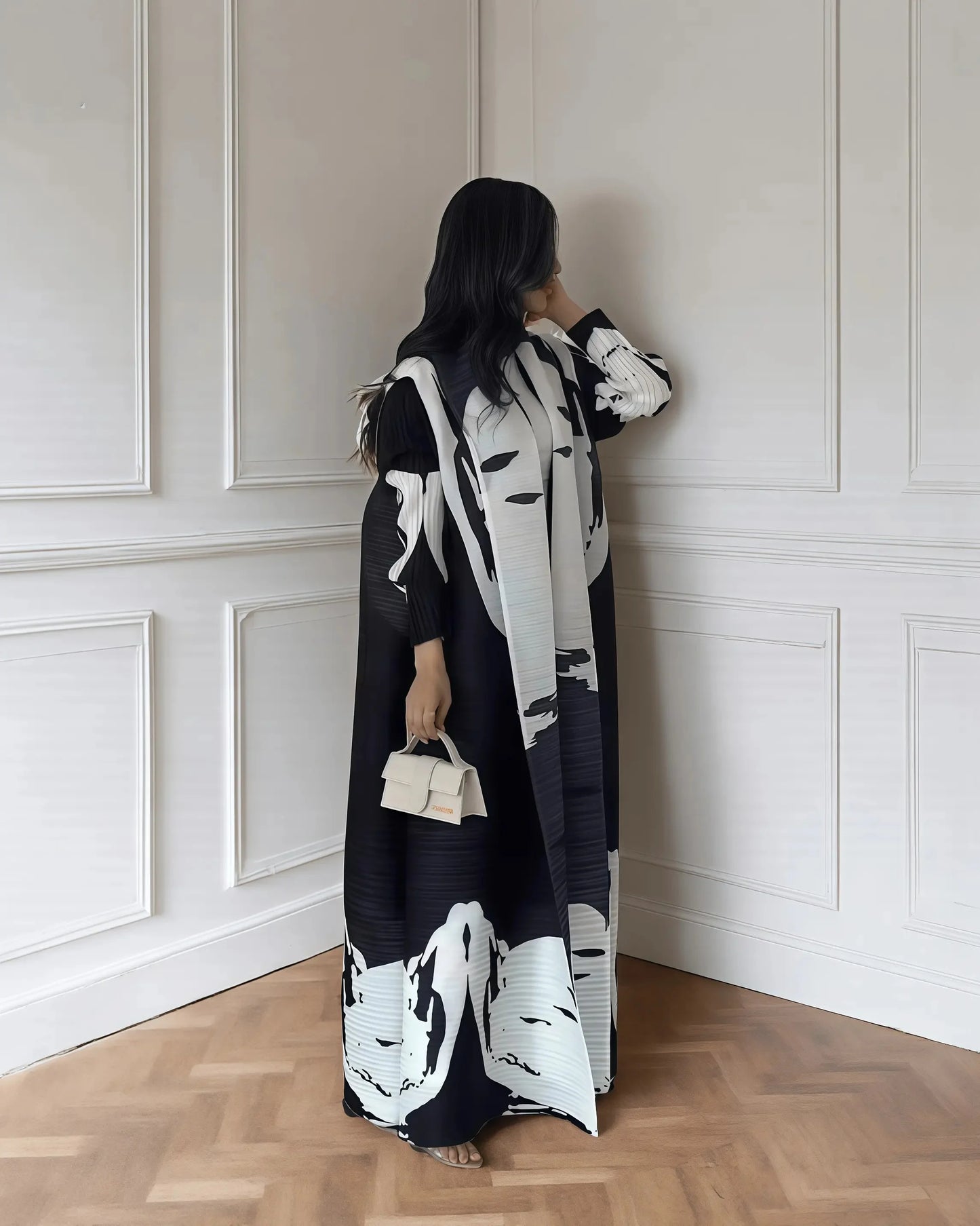 Abaya Miyake élégante à imprimé vintage, ouverte sur le devant, kimono long .