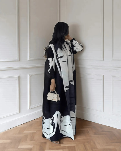 Abaya Miyake élégante à imprimé vintage, ouverte sur le devant, kimono long .