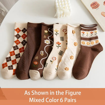6 paires de printemps été femmes est moyen chaussettes tuyau kaki. doux et confortable