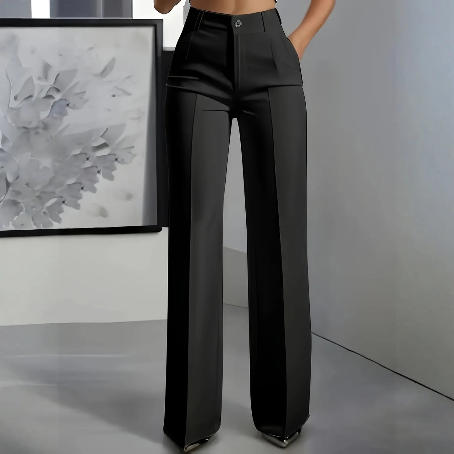 Pantalon blazer minimaliste à taille haute pour femme, coupe droite et fluide.