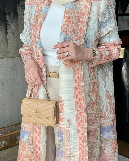 Abaya Miyake élégante à imprimé vintage, ouverte sur le devant, kimono long .