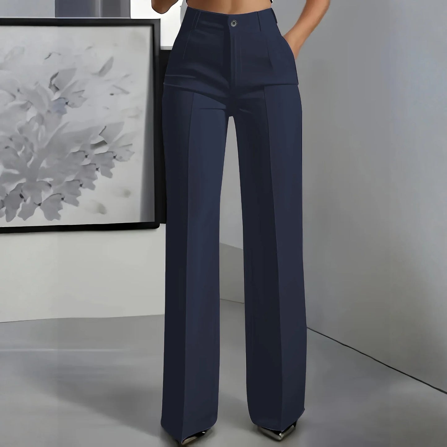 Pantalon blazer minimaliste à taille haute pour femme, coupe droite et fluide.