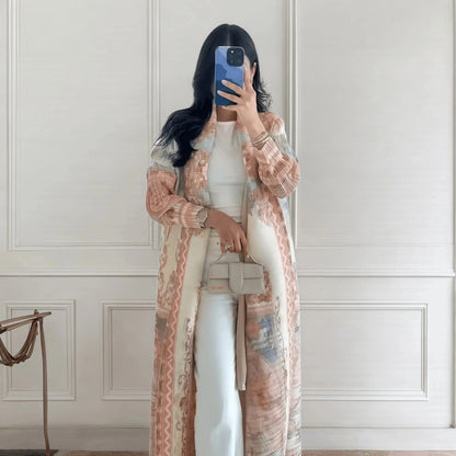 Abaya Miyake élégante à imprimé vintage, ouverte sur le devant, kimono long .