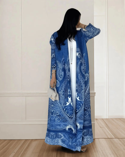 Abaya Miyake élégante à imprimé vintage, ouverte sur le devant, kimono long .