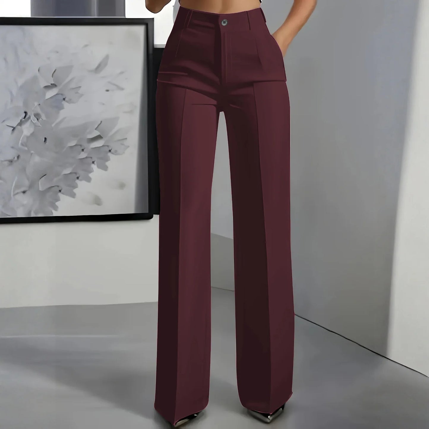 Pantalon blazer minimaliste à taille haute pour femme, coupe droite et fluide.