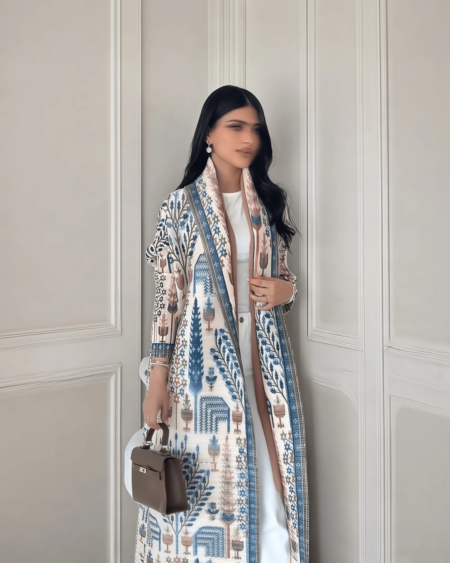 Abaya Miyake élégante à imprimé vintage, ouverte sur le devant, kimono long .