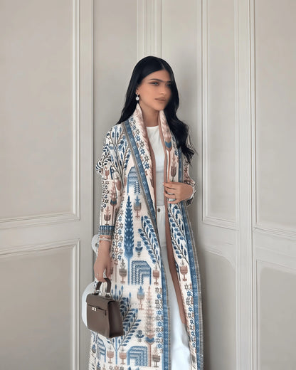 Abaya Miyake élégante à imprimé vintage, ouverte sur le devant, kimono long .