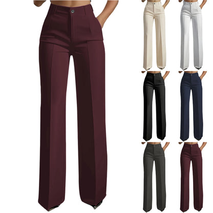 Pantalon blazer minimaliste à taille haute pour femme, coupe droite et fluide.