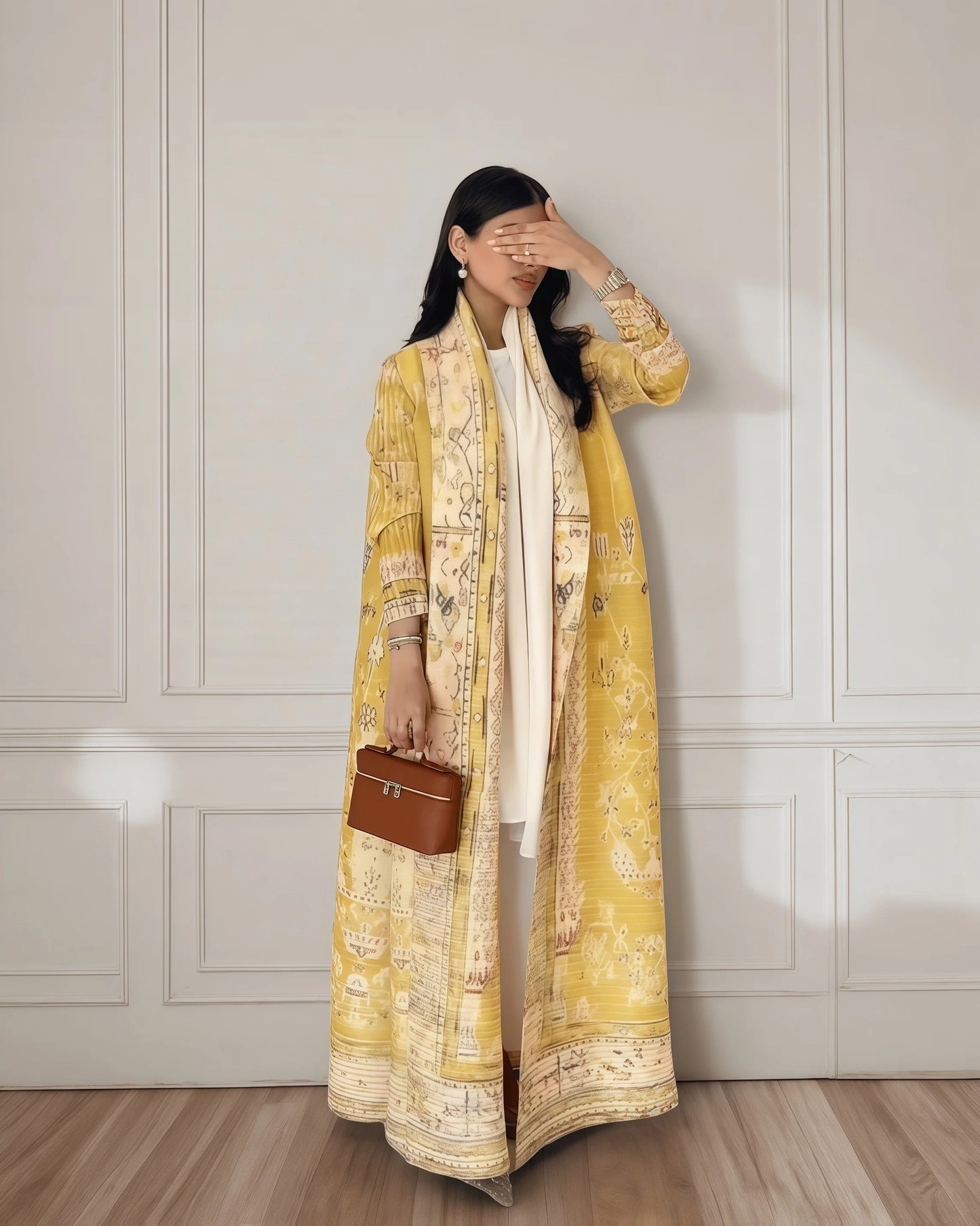 Abaya Miyake élégante à imprimé vintage, ouverte sur le devant, kimono long .