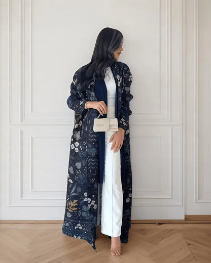 Abaya Miyake élégante à imprimé vintage, ouverte sur le devant, kimono long .