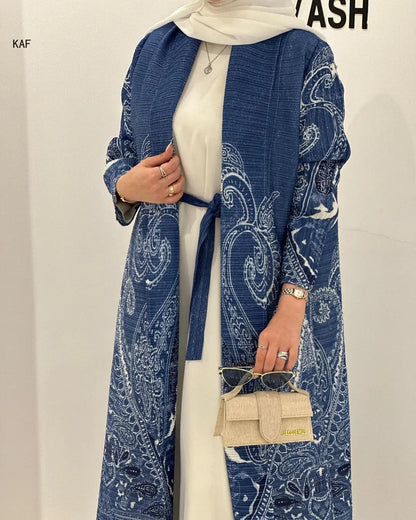 Abaya Miyake élégante à imprimé vintage, ouverte sur le devant, kimono long .